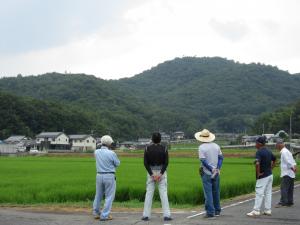 ドローンでの施肥を見学する参加者