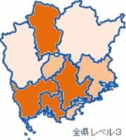 インフルエンザレベルマップ（全県、岡山市、倉敷市、備中、真庭Lv3、備前LV2,他Lv1）