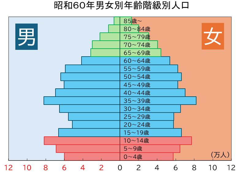 「昭和60年の岡山県男女別年齢階級別人口ピラミッド」のグラフ