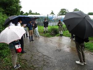 雨の中でも活発な情報交換をする参加者たち