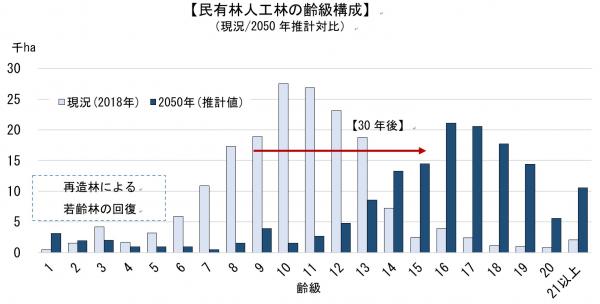 民有林人工林の齢級構成（現況と2050年推計対比）
