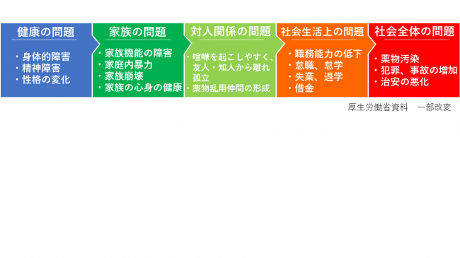 薬物依存症がもたらす健康の問題・家族の問題、対人関係の問題、社会生活上の問題、社会全体の問題