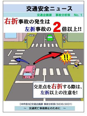 交通安全ニュース「右折事故の発生は左折事故の２倍以上！」